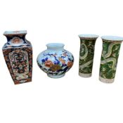 An Imari tapering vase, a Fukugawa bulbous vase and a pair of dragon sleeve vases, latter 27cm
