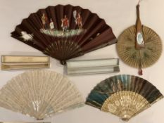 A 19th century hand painted figural, bone brise, gilt decorated Duvelleroy fan, a mixed Brussels