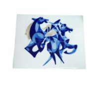 Roch-Popelier, a mid century French porcelain panel decorated with stylized horses, 36 x 45cm.
