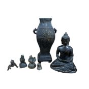 A Chinese or Japanese archaistic bronze square baluster vase, a Nepalese bronze figure of Buddha