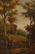 A. Clark (19th. C), landscape with trees, a pathway and sheep, signed and dated 1886, oil on canvas,