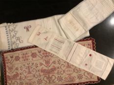 Two Danish late 19th century school sewing and embroidery long samplers on white cotton, together