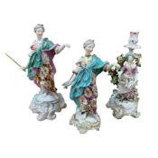 Two Derby porcelain figurines of Justice and a floral encrusted figural candle stick, largest 33cm