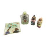 Four Chinese decorative items: a hardstone-inlaid panel with floral design, an interior-painted