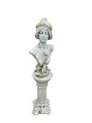 An Art Nouveau style reconstituted stone female bust and pedestal, height 117cm