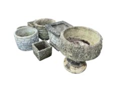Seven assorted reconstituted stone garden planters, largest height 45cm