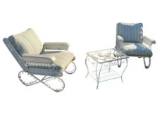 A pair of painted wrought iron garden chairs, width 52cm, depth 66cm, height 70cm together with a