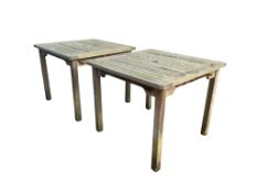 A pair of Lister weathered teak square garden tables, 91cm, height 75cm and five Westminster
