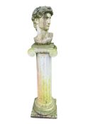 A reconstituted stone garden bust of David on fluted ionic column, height 148cm