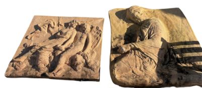 Six earthenware classical garden plaques, largest width 120cm, height 50cm