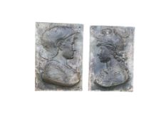 A pair of bronzed earthenware rectangular garden wall plaques, each width 32cm, height 46cm