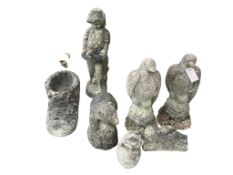 Eight assorted reconstituted stone garden ornaments to include a pair of seated eagles, largest
