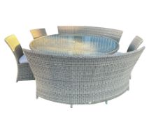 A Bramblecrest all weather rattan circular garden table, diameter 182cm, height 76cm, with a pair of