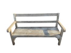 A weathered teak slatted garden bench, width 154cm, depth 67cm, height 90cm