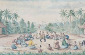 Dutch Colonial School (early 19th century)Figures observing a cockerel fight, Javawatercolour, old