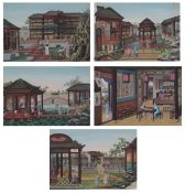 Circle of Tingqua (Guangzhou (Canton), c.1820)Figures in formal gardens or interiorsa set of five