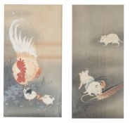 Ohara Koson (Japanese, 1877-1945)Rooster and two chicks; Three white micetwo woodblock prints,