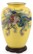 A Japanese yellow ground 'phoenix' cloisonné enamel vase, by Ando Jubei, early 20th century, the