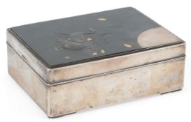 A Japanese silver and mixed metal table box, early 20th century, the bronze and mixed metal inset