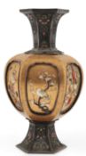 A Japanese shibayama, silver and gold lacquered hexagonal vase, Meiji period, the body decorated