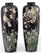 A pair of Japanese silver wire cloisonné enamel vases, Meiji period, c.1900-10, finely decorated