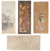 Japanese school pictures, Edo period, Standing courtesan,ink and colour on paper, laid on silk, 91cm