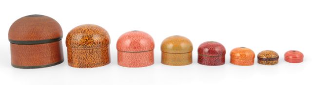 A rare set of eight Indian spotted lacquered wood nesting boxes, Rajasthan, 19th century, each of