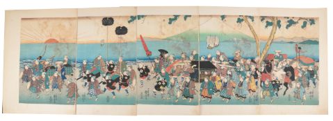 Utagawa Kuniyoshi (Japanese, 1797-1861)Boys Play-acting a Daimyo Processionpentaptych woodblock,