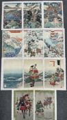 Japanese multi leaf woodblock prints of famous warriors, 19th century, Oban, mounted on card,