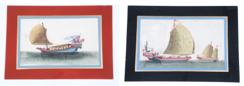 Chinese School (Guangzhou (Canton), 19th century)Junk; two oar powered boatstwo watercolours on pith