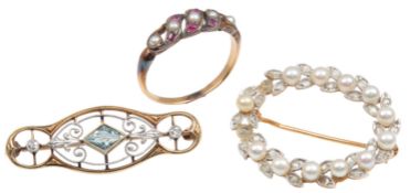 Two Edwardian brooches and ruby and pearl ring, early 20th century, comprising: a seed pearl and