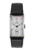 A stainless steel Omega manual wind tank wrist watch, the rectangular dial with Arabic and baton