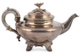 A William IV silver melon shaped bachelor's teapot, by The Barnards, with engraved initials,