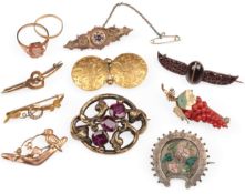 A collection of jewels, 19th/early 20th century, comprising: two panel brooches in 9ct gold, each