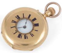 A late 19th/early 20th century Swiss 18k half hunter keyless lever fob watch, with Roman dial and