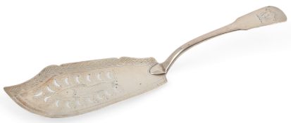A George IV Scottish silver fiddle pattern fish slice, by Charles Bendy, with engraved armorial, the