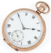 A George V 9ct gold open faced keyless lever pocket watch, with Roman dial and subsidiary seconds,