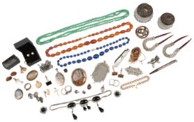 A collection of jewels, comprising: a Victorian brooch suspending a fringe of pendants, with foliate