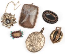 A collection of brooches and lockets, mid-late 19th century comprising: a garnet and turquoise