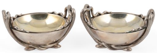 PAUL STORR: A good pair of George III silver two handled cauldron shaped salts, with silver gilt