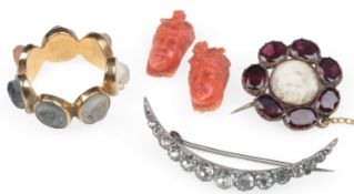 A collection of jewels, 19th century, comprising: a pair of carved coral stud earrings depicting