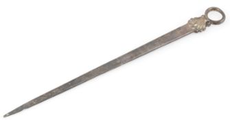 A George III silver meat skewer, by John Lampfert, with engraved initials, ring handle and shell