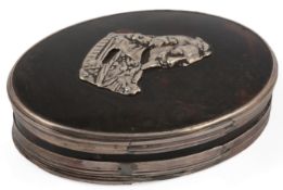 An 18th century silver mounted tortoiseshell oval snuff box and cover, the cover with appliqué