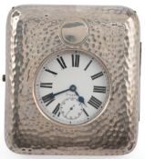 An Edwardian planished silver and leather mounted wooden travelling pocket watch case, by William