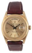 A gentleman's 1966 18ct gold Rolex Oyster Perpetual Day-Date wrist watch, model ref.1803, with baton