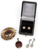 A collection of jewels, comprising: a pair of cultured pearl and diamond drop earrings, mounted in