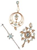 A collection of aquamarine jewels, early 20th century, comprising: an aquamarine and seed pearl