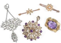 A collection of jewels, comprising: two Edwardian seed pearl bar brooches mounted in gold, length
