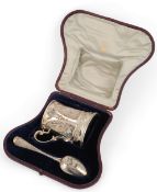 A cased Victorian Scottish silver christening mug and matching spoon by John Murray, with engraved