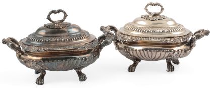 A pair of late George III silver two handled sauce tureens and covers, with serpent ring handles, by